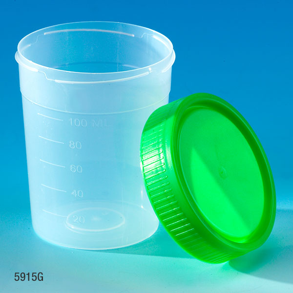 Globe Scientific Specimen Container, 4oz, with Separate 1/4-Turn Green Screwcap, Non-Sterile, PP, Graduated, Bulk Collection Cup; Specimen Container; Urine Collection